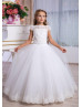 Cap Sleeves Ivory Lace Tulle Slit Back Cute Flower Girl Dress